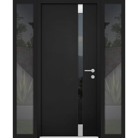 Vdomdoors Steel Door Cynex 6777 Black 2 Sidelight Exterior Windows Stainless Inserts Single Modern Painted-W1 CYNEX6777EXD-BLK-W14+36+14 x H80-Left-hand Inswing