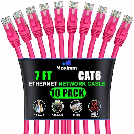 Maximm Cat6 Ethernet Cable 7ft 10Gbps 550MHz UTP, 10PK, Pink, 10PK CAT6-CCA-7FTPINK-10PK