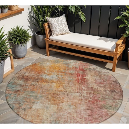 Homeroots 8' Tan Copper And Terra Cotta Round Abstract Washable Indoor Outdoor Area Rug 606118