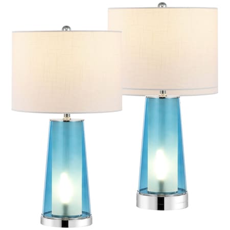 Jonathan Y Tryon 26" Modern Minimalist Glass/Iron Nightlight LED Table Lamp, Chrome/Clear Blue, 2PK JYL1137B-SET2