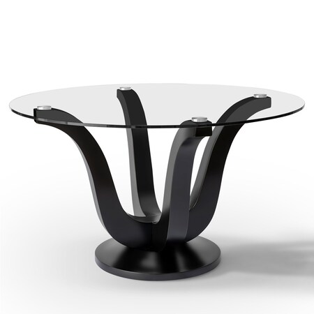 Homeroots 51" Clear and Black Glass and Solid Wood Pedestal Base Round Top Dining Table 633116
