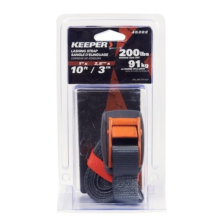 Keeper Lashing Strap, 1 in W, 10 ft L, 200 lb Working Load, Orange 45202
