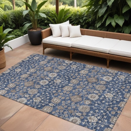 Homeroots 8' X 10' Navy Blue Brown And Beige Floral Washable Indoor Outdoor Area Rug 605434