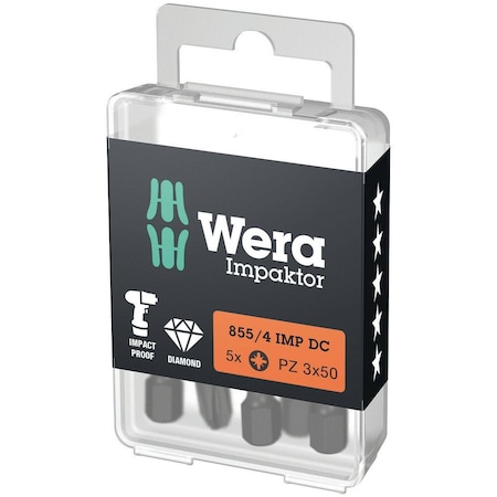 Wera 855/4 IMP DC PZ DIY Impaktor bits, PZ 3 x 50 mm, 5 pieces 5057662001