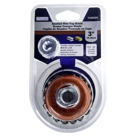 Vulcan Wire Cup Brush, 3 in Dia, 5/8-11 Threaded Arbor, M10 x 1.25 in Arbor Adapter Arbor/Shank 693881OR