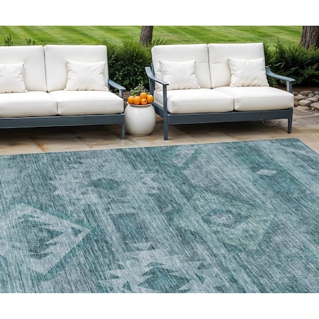 Homeroots 9' X 12' Teal Blue And Aqua Southwestern Washable Indoor Outdoor Area Rug 588736