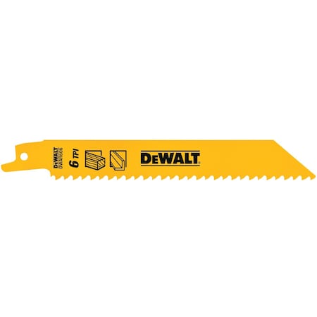 Dewalt 6" 6 TPI Straight Back Bi-Metal Reciprocating Saw Blade, Fast Wood Cutting (5 pack) DW4850