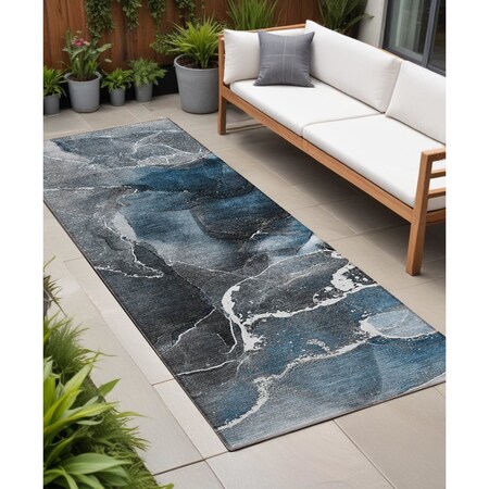 Homeroots 8' Ivory Blue And Gray Abstract Washable Indoor Outdoor Runner Rug 559425
