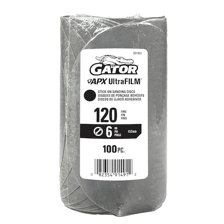 Gator Finishing 6 in. Premium Hook and Loop Sanding Disc, 120 Grit, 100PK 391491