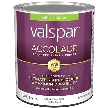 Valspar Accolade 1200 Latex Paint, Acrylic Base, Satin, Clear Base, 1 qt, Plastic Can 028.0012004.005