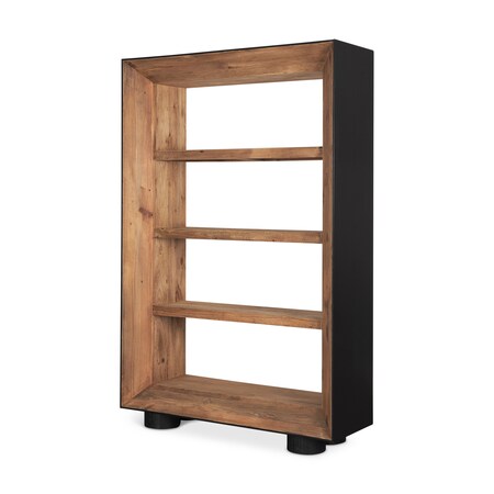 Homeroots 72" Black And Natural Distressed Solid Wood Three Tier Bookcase 611042