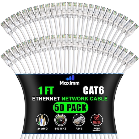 Maximm Cat6 Ethernet Cable 1ft 10Gbps 550MHz UTP, 50PK, White, 50PK WH50PK02