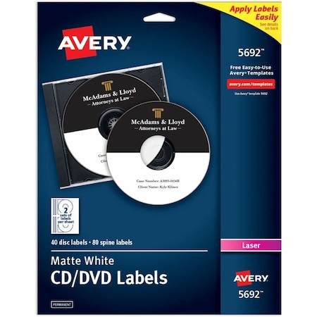 Avery Dennison Avery 5692 Laser CD/DVD Labels, Matte White, 40/Pack 5692
