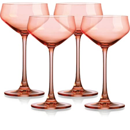 Homeroots Set of Four Coral Crystal Shallow Bowl Stemmed Coupe 485962
