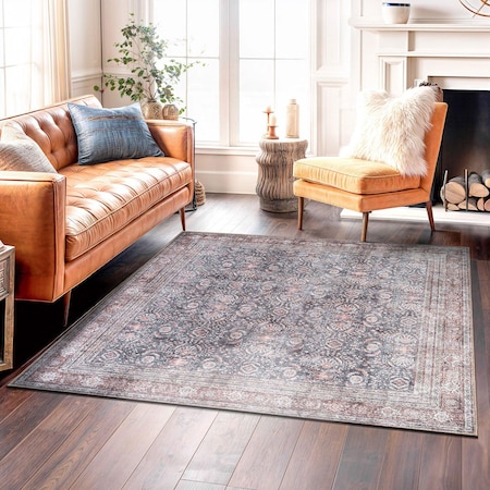 World Rug Gallery Vintage Inspired Machine Washable Non Slip Area Rug 6 ft 7 in x 6 ft 7 in Square Charcoal 6029CHARCOAL6SQ