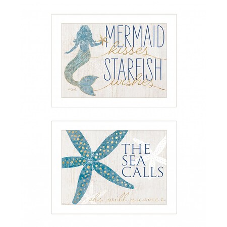 Homeroots Set Of Two Mermaid Kisses Starfish Wishes 1 White Framed Print Wall Art, 2PK 408009