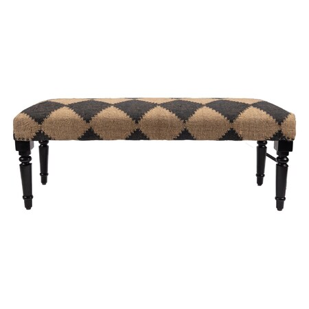 Homeroots 47in Tan And Black Black Leg Checkered Upholstered Bench 483753