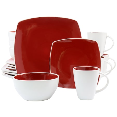 Gibson Home Soho Lounge 16 Piece Soft Square Stoneware Dinnerware Set in Red and White 131714.16R