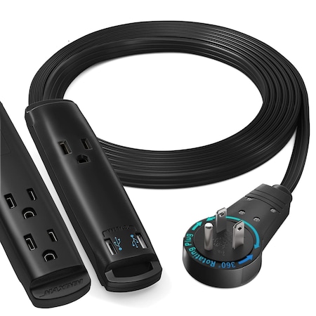 Maximm 6ft 3-Outlet 360 degrees Flat Plug Extension Cord w/ USB Ports, UL, Black ADW-360-C206-B