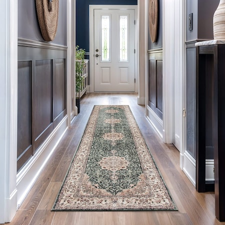 World Rug Gallery Traditional Oriental Medallion Washable Non Slip Runner Rug 2 ft x 10 ft Green WR84GREEN2X10