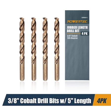 Powertec 3/8" Cobalt Drill Bits 5" Length, M35 HSS Jobber Length Twist Bits with 135 Deg Tip, 4PK QDB2011