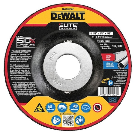 Dewalt Depressed Center Grinding Wheel, Type 27, 4 1/2 in Dia, 0.25 in Thick, 7/8 in Arbor Hole Size DWA8908F