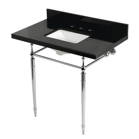 Kingston Brass 36" Black Granite Console Sink with Brass Legs, 8-Inch, 3-Hole, Black Granite/Polished Chrome KVPK3622K8SQ1