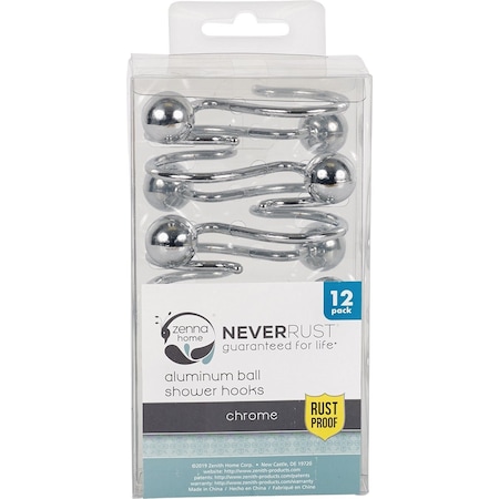 Zenna Home Chrome Ball End Shower Curtain Hook, 12-Count BH04ALSSL