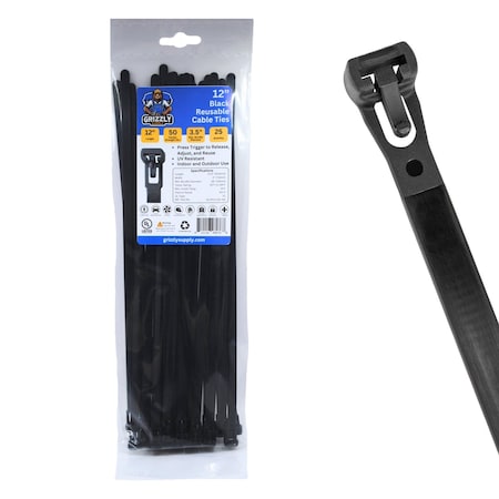 Grizzly Supply Releasable Cable Tie, 12 in L, 50 lb Strength, 3.3 in Max Bundle Dia, Nylon, UV-Rated, Black, 25PK GS-RT12-50-0Q
