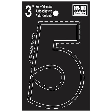 Hy-Ko 30400 Series Die-Cut Number, Character: 5, 3 in H Character, Black Character, Vinyl 30405