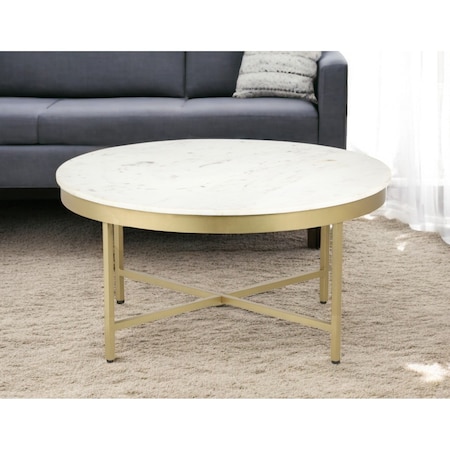 Homeroots 36" White And Gold Genuine Marble And Steel Round Coffee Table 565096