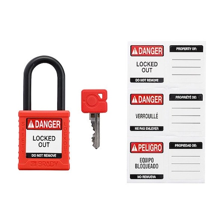 Brady Padlock, Keyed Different, Nylon, Red, 1 1/2 in Shackle Height, 1 1/2 in Body Width, 12 No. of Keys Y6083286