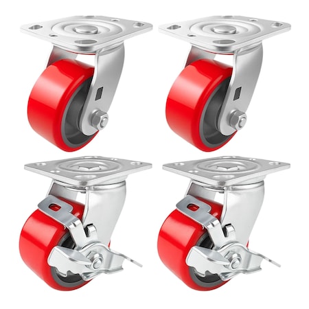 Hyw Products Heavy Duty Caster Set 4in Red Polyurethane on Cast Iron Wheels, 2 Swivel & 2 Swivel with Brake, 4PK 40-40S-A1-PC-2,40-40S-A1-PC-TB-2 (R)