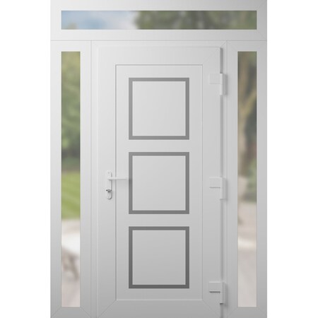 Vdomdoors Front Exterior Prehung Metal-Plastic Door, Manux 8661 White Silk, 2 Side and Top Sidelite Transom,  MANUX8661EXD-WS-W14+36+14xH80+14-LH