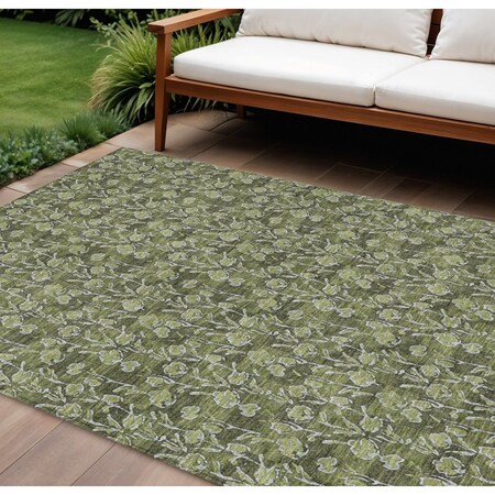Homeroots 10' X 14' Olive Green Artichoke Green And Ivory Floral Washable Indoor Outdoor Area Rug 581917