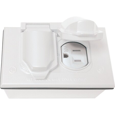 Southwire Single Gang White Horizontal Weatherproof Duplex Cover with Duplex Device & Single Gang Junction Box WBCDWRTR-W-UPC