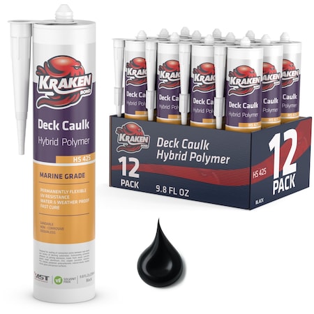 Krakenbond Kraken Bond Deck Caulk Hybrid Polymer Sealant, Marine Grade Waterproofing, Black, 9.8 oz, 12 Pack KR804APS-12