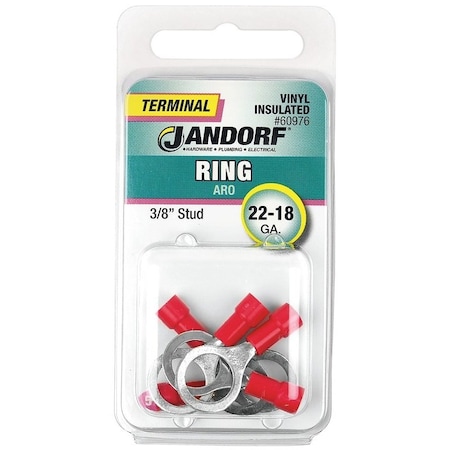 Jandorf Ring Terminal, 22 to 18 AWG Wire, 3/8 in Stud, Vinyl Insulation, Copper Contact, Red 60976
