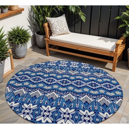 Homeroots 8' Navy Blue And Ivory Round Moroccan Washable Indoor Outdoor Area Rug 594336