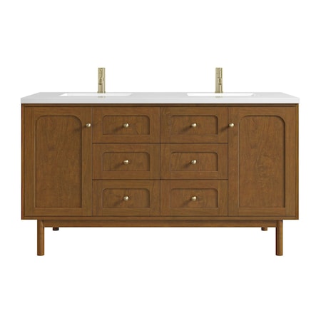 James Martin Vanities Laurent 60" Dbl Vanity, Honey Oak w/ Sgl Hole 3 CM White Zeus Silestone Top and Matching Backsplash 545-V60D-HNO-1WZ