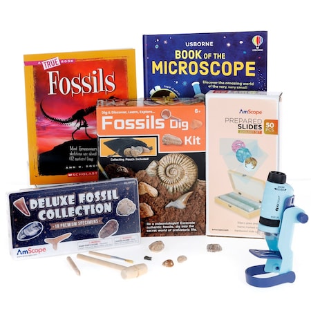 Amscope IQCrew By Fossil Discoverer Set featuring 60X-120X Portable LED Kid's Handheld Microscope, Fossil Di KVB-FOS-612-DIS
