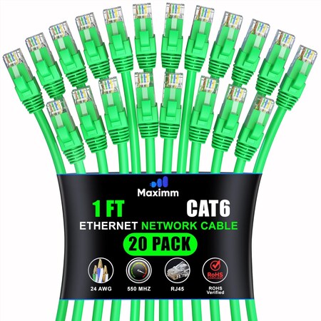 Maximm Cat6 Ethernet Cable 1ft 10Gbps 550MHz UTP, 20PK, Green, 20PK CAT6CCA-1GN-20PK