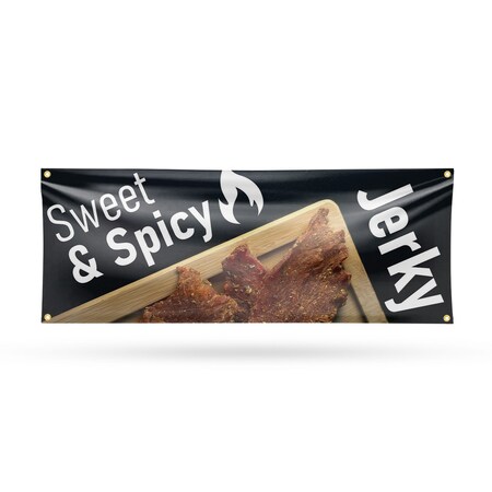 Signmission Sweet and Spicy Jerky, 18 Inch x 48 Inch, Vinyl Banner B-30875