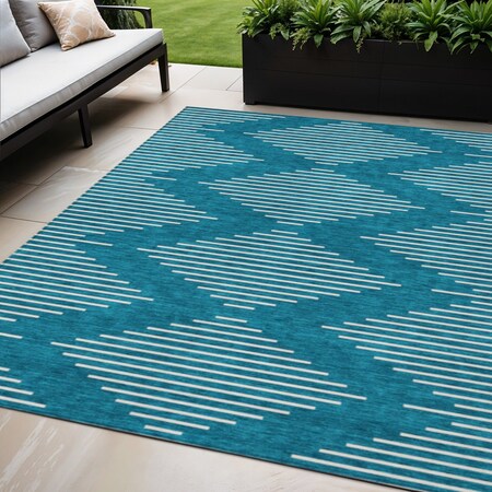 Homeroots 5' X 8' Teal Blue And Ivory Geometric Washable Indoor Outdoor Area Rug 598623