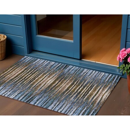 Homeroots 3' X 5' Blue Brown And Sky Blue Striped Washable Indoor Outdoor Area Rug 577980