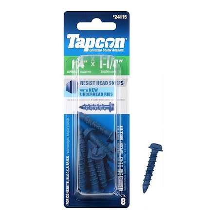 Tapcon Concrete Screw Anchor, 1/4 in Dia, 1-1/4 in L, Steel, Climaseal, 8/PK, 8PK 24115