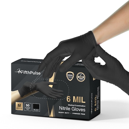 Fifthpulse Disposable Gloves, 6 mil Palm, Nitrile, Powder-Free, Medium, 50 PK, Black FMN100706