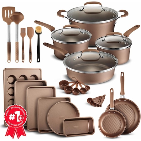 Bakken-Swiss 23-Piece Cookware Set, Gold Pots, Skillets, Bakeware, Reinforced Aluminum, Gas, Electric, Induction BKCWG23L