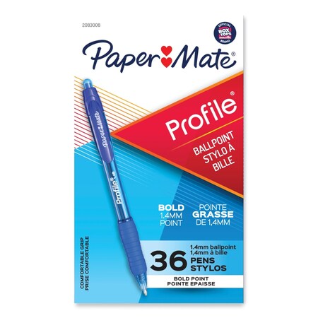 Paper Mate Profile Retractable Ballpoint Pen, Bold 1.4 mm, Blue Ink/Barrel, PK36 2083008
