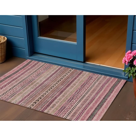Homeroots 3' X 5' Pink And Taupe Striped Washable Indoor Outdoor Area Rug 615350